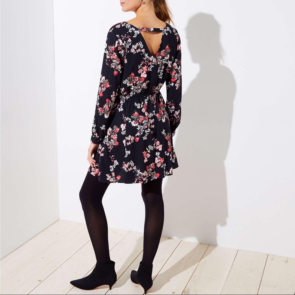 EUC LOFT Black & Pink Floral Bar Back Flared Dress